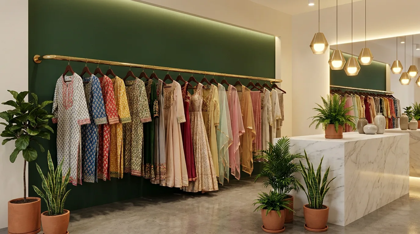 Boutique interior with a forest green wall and a brass rail of kurtas and gowns