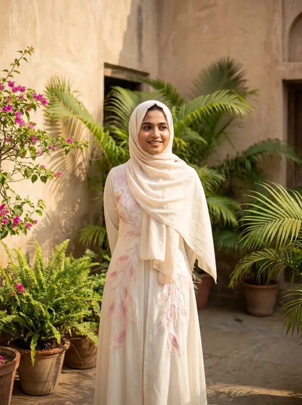 A model in the ivory Feather Threadwork Gown in a sunlit courtyard